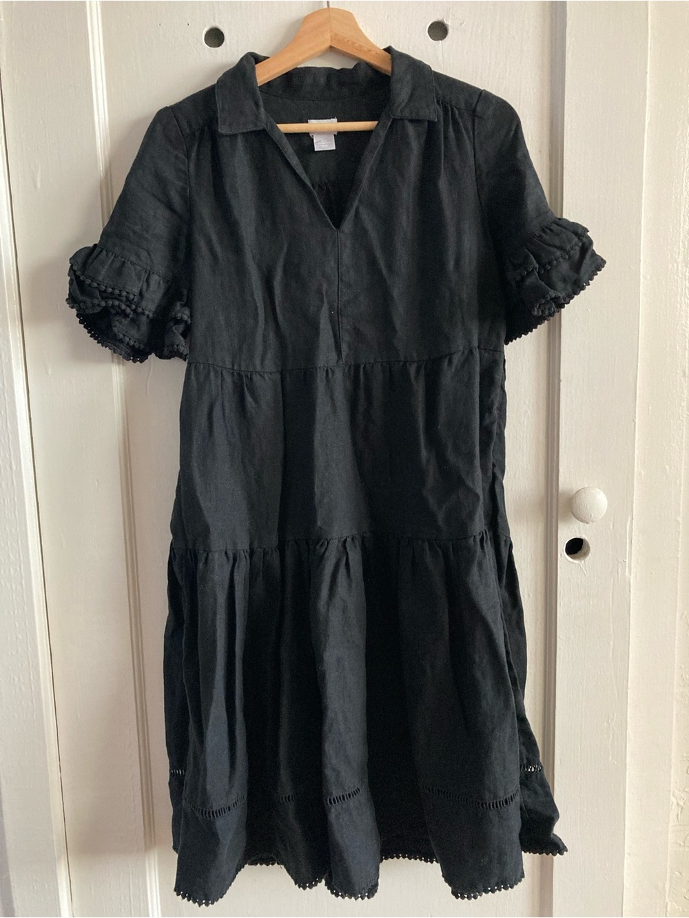 Chico's Black Tiered Midi Dress with Ruffled Short Sleeves